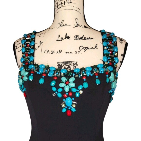 Boston Proper Muse Beaded Bodycon Mini Dress Sz 6 Black Turquoise Sexy Cocktail - Picture 2 of 5